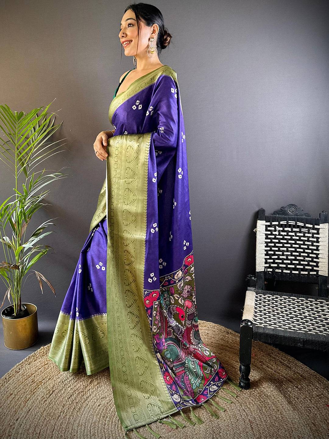 Kalamkari Bandhani Soft Silk Saree by My Store