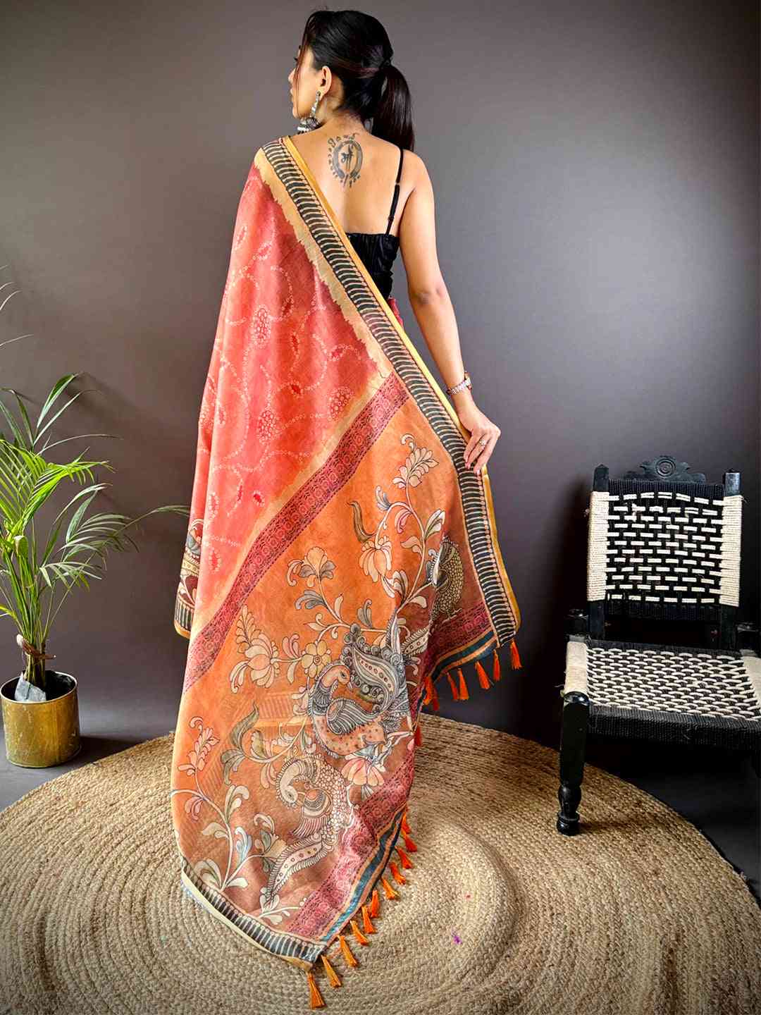 Rose Red Floral Chanderi Saree by My Store