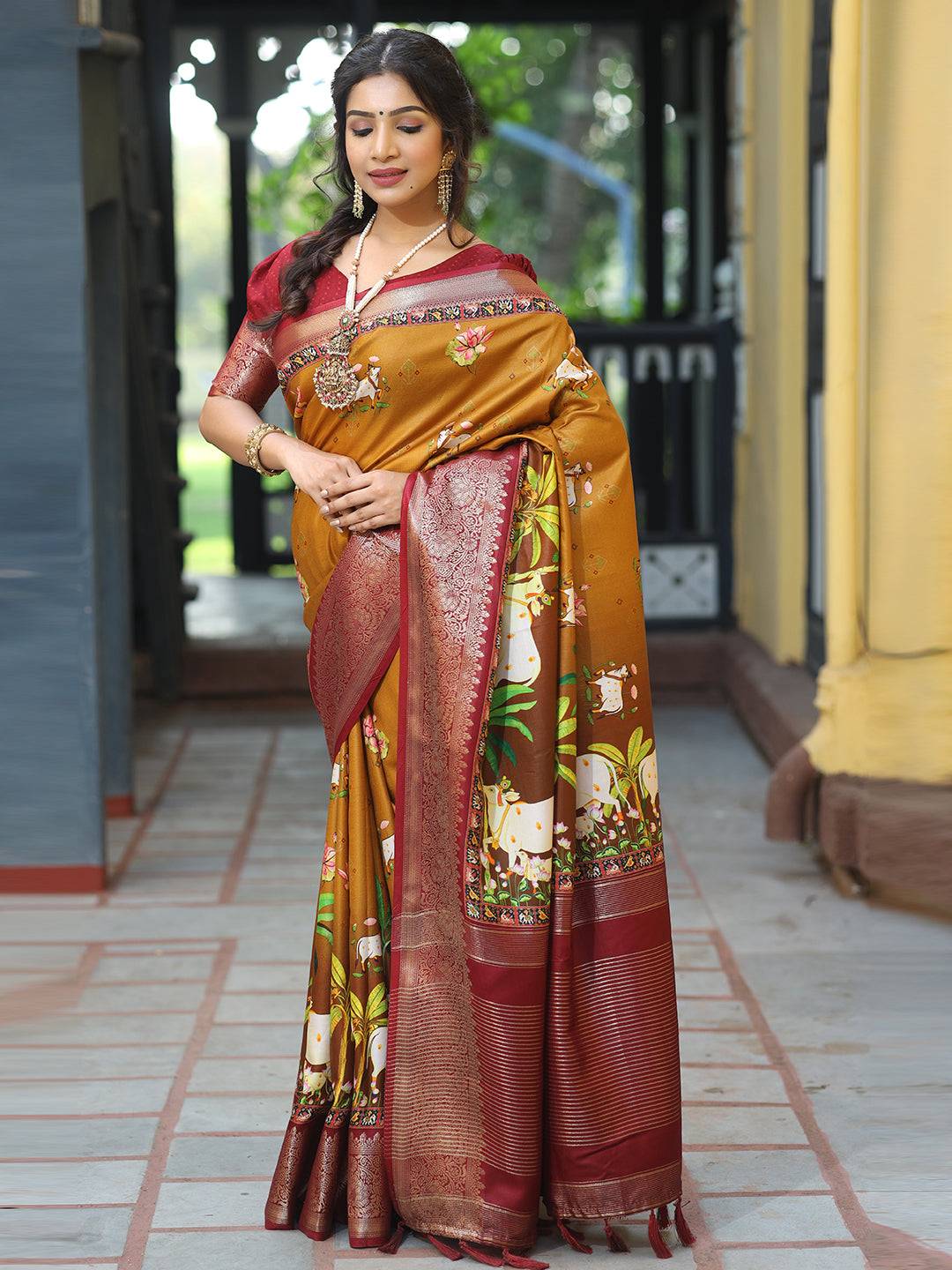 Pichwai Print Zari Weaving Pallu Saree In Mustard Colour - Luxe by My Store