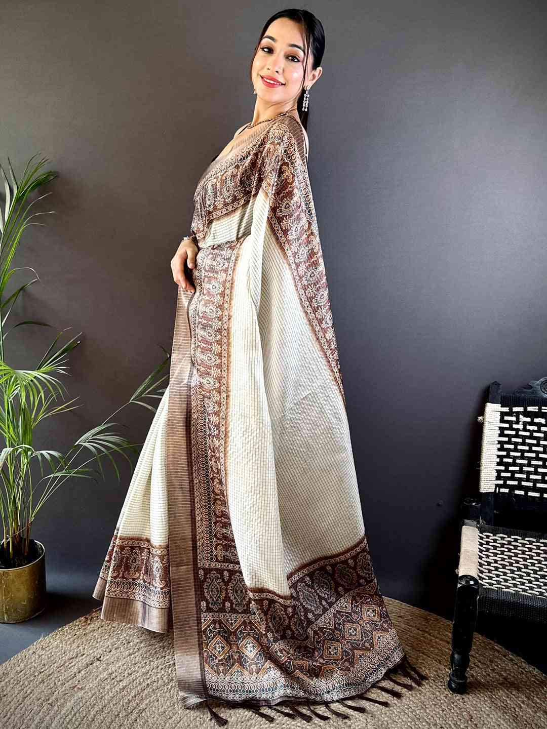 Brown Soft Silk Floral Digital Saree by My Store