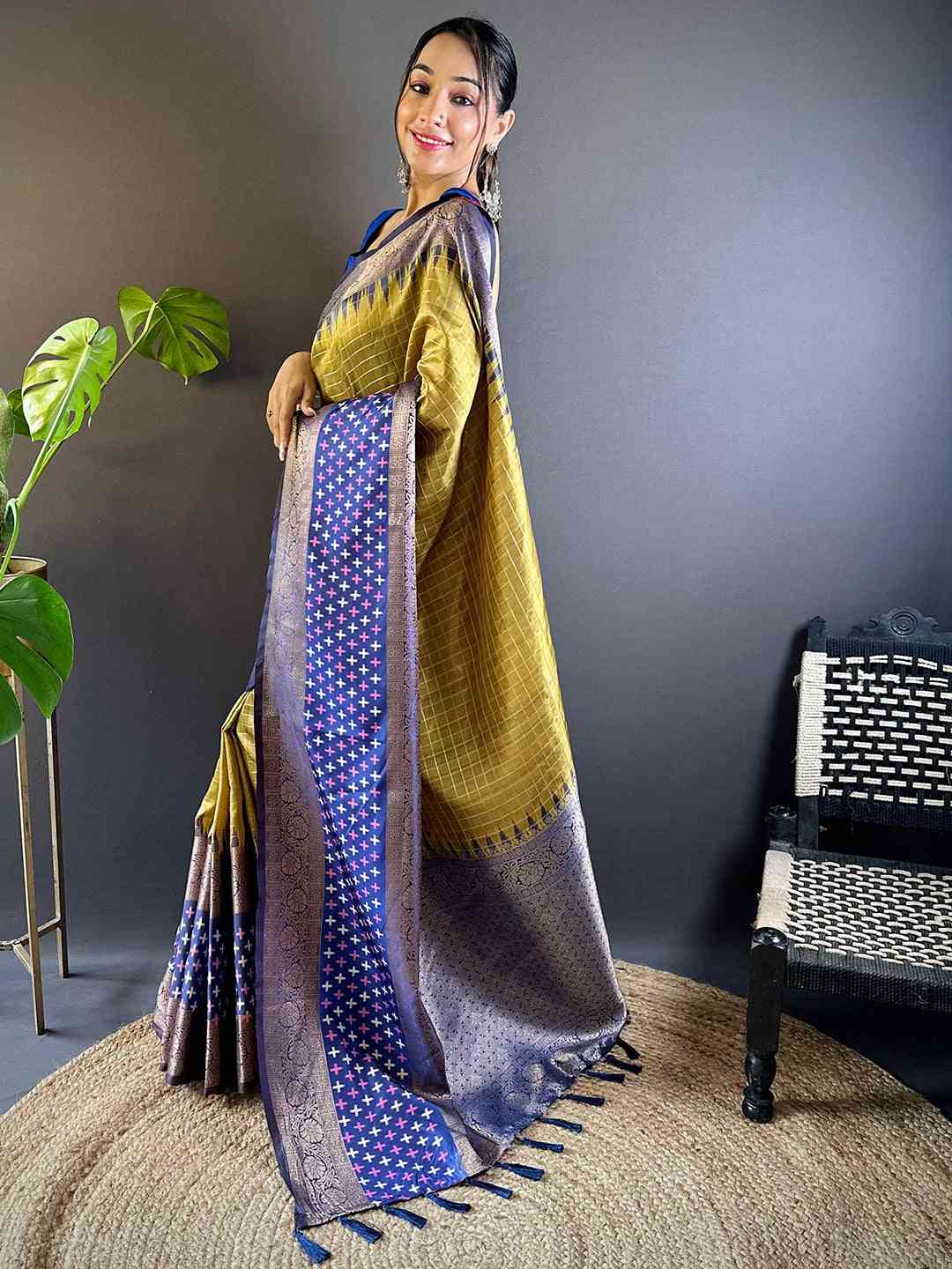 Green Chex Ikkat Saree With Double Border by My Store