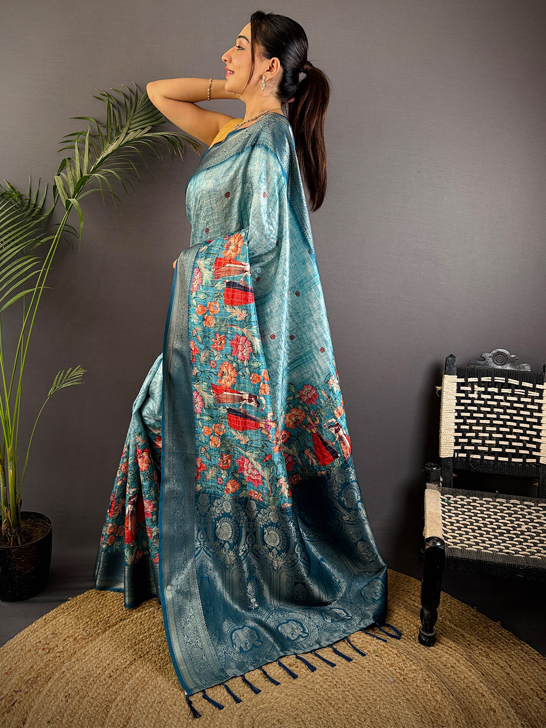 Denim Blue Banarasi Silk Digital Printed Saree by My Store