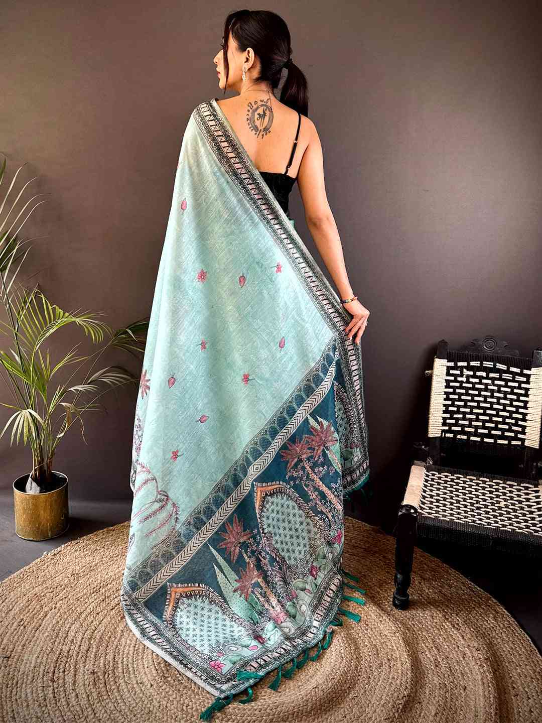 Sky Blue Tissue Floral Leaf Print Saree by My Store