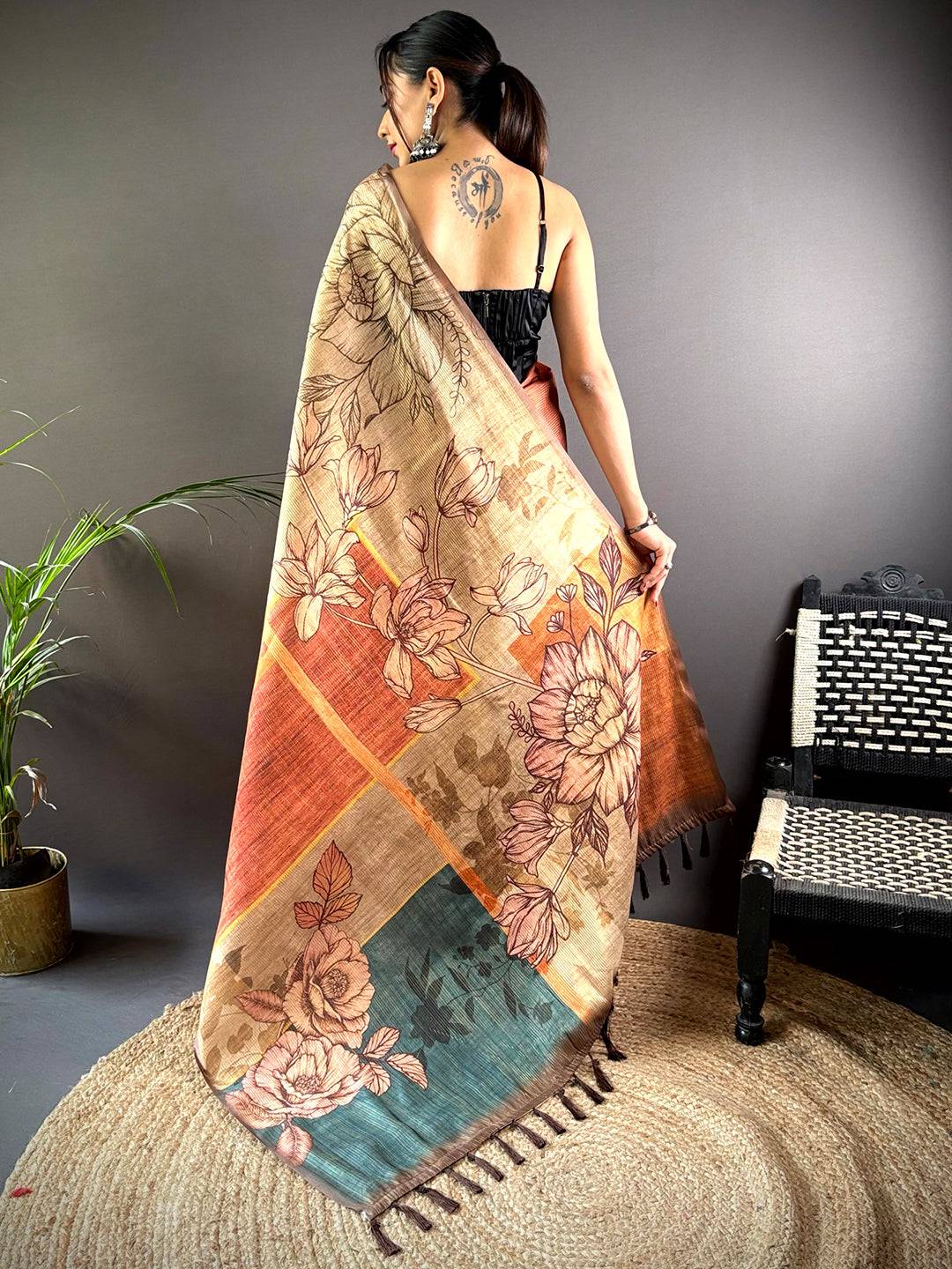 Coffee Brown Semi Gold Zari Tussar Saree by My Store