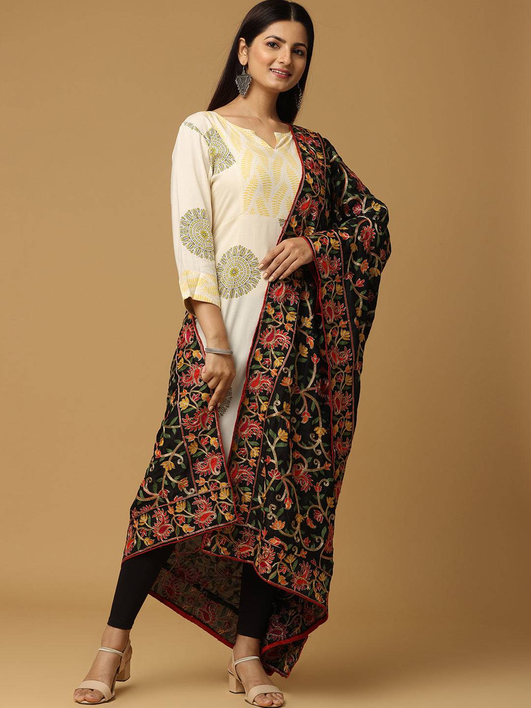 Latest Black Poly Chiffon Pashmina Threadwork Dupatta by My Store