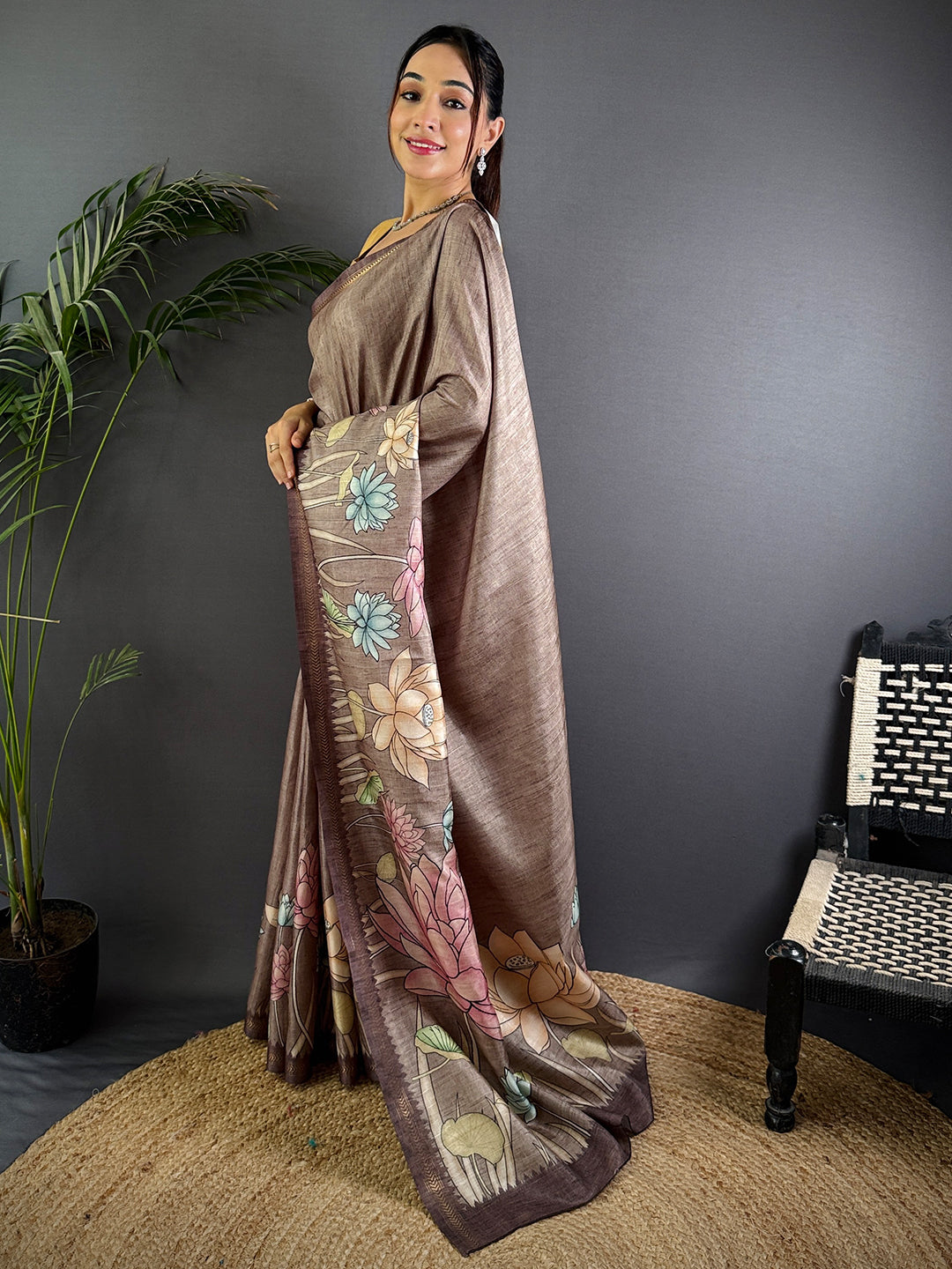 Regal Brown Tussar Ghicha Silk Saree by My Store
