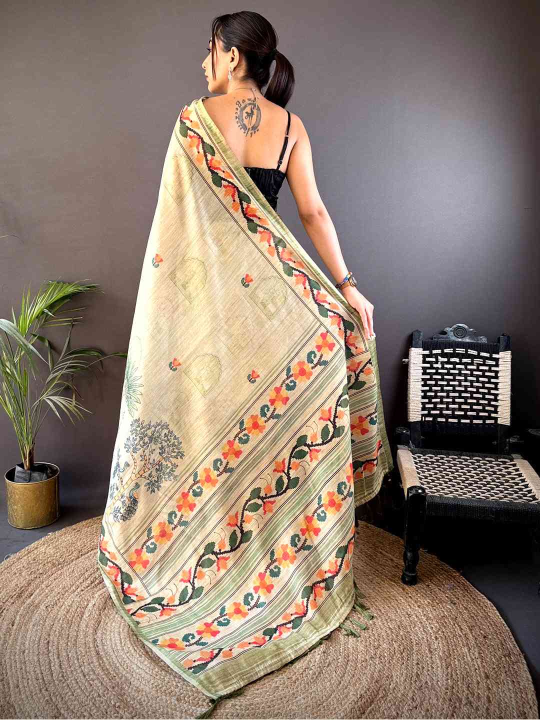 Swamp Green Jungle Floral Zari Tissue Saree by My Store