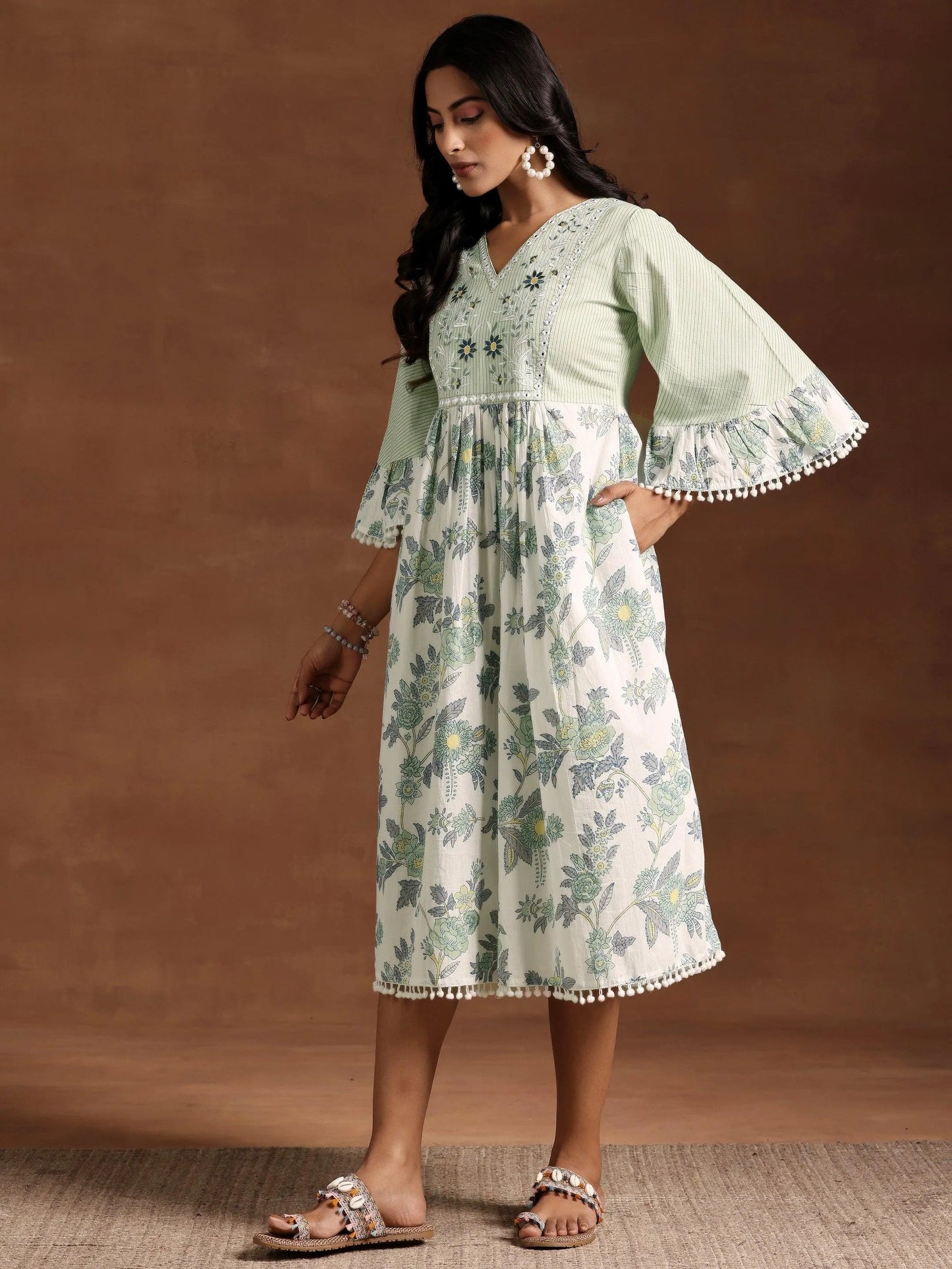Green Printed Cotton A-Line Dress by My Store