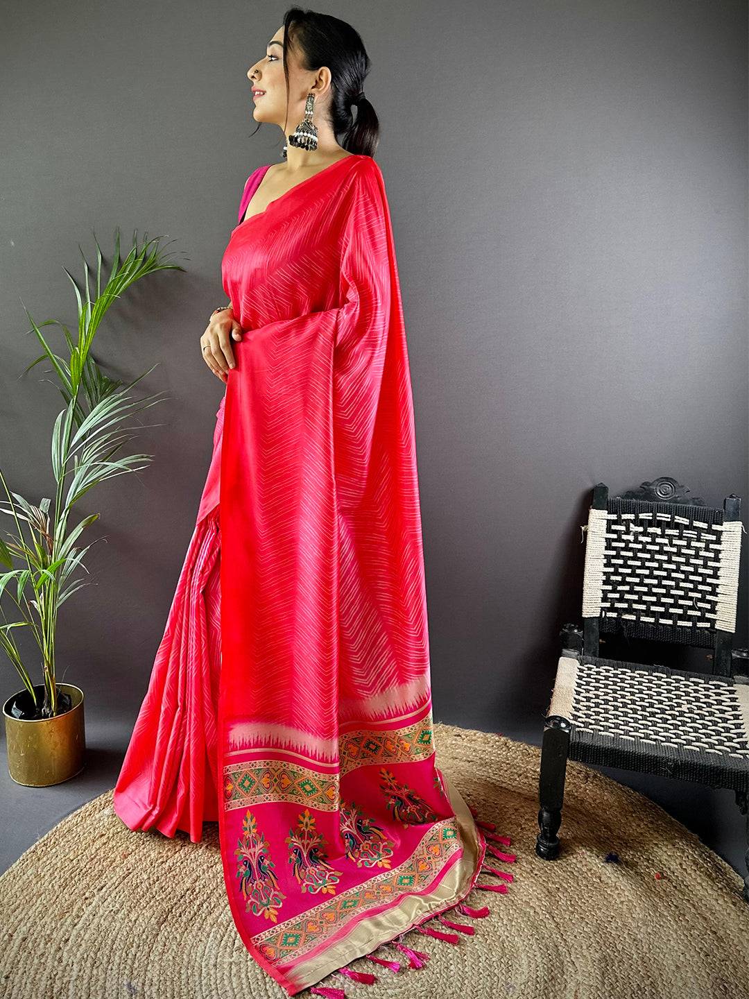 Deep Pink Leheriya Gamthi Silk Sarees by My Store