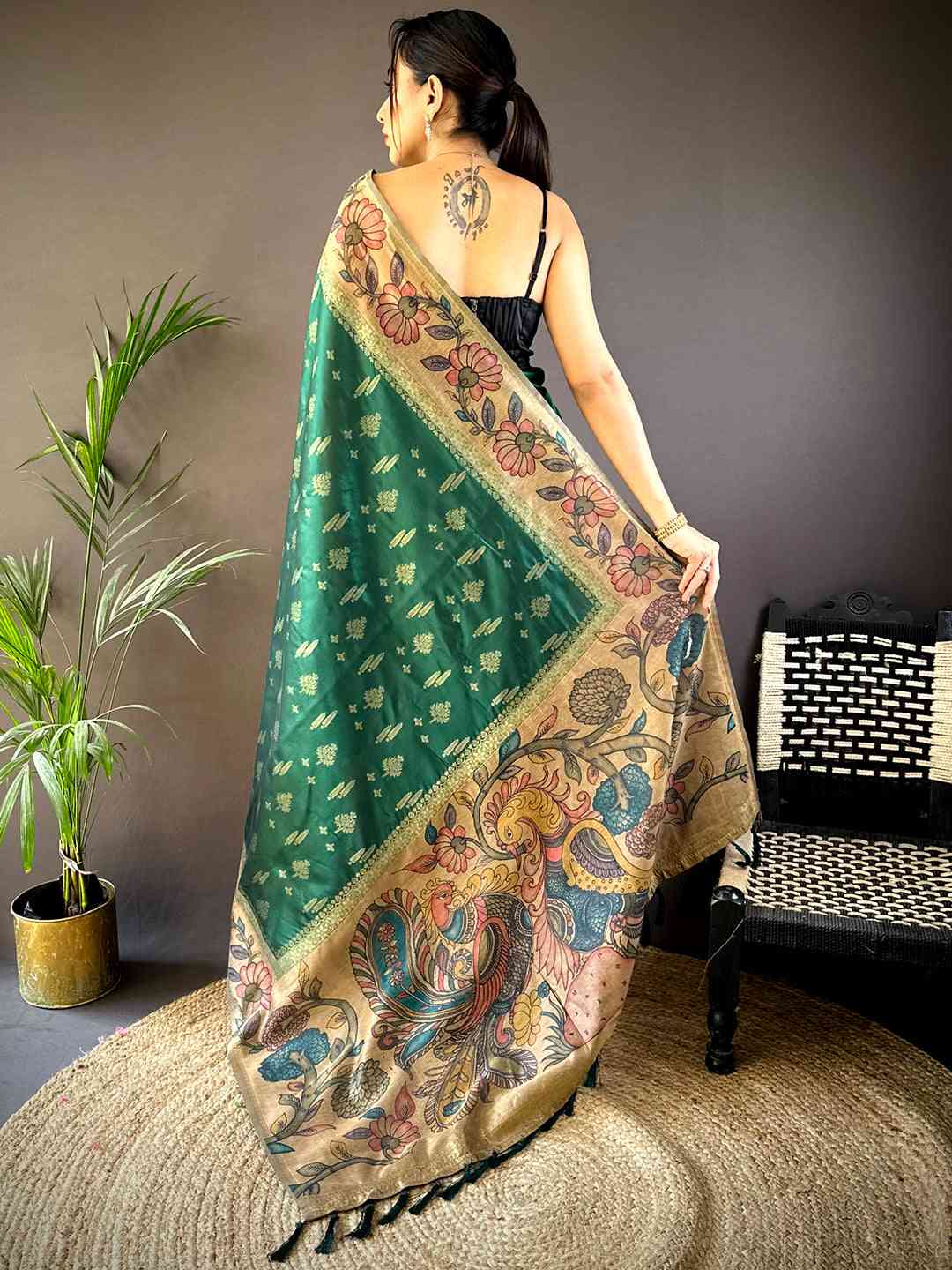 Green Soft Silk Kalamkari Printed Pallu Saree by My Store