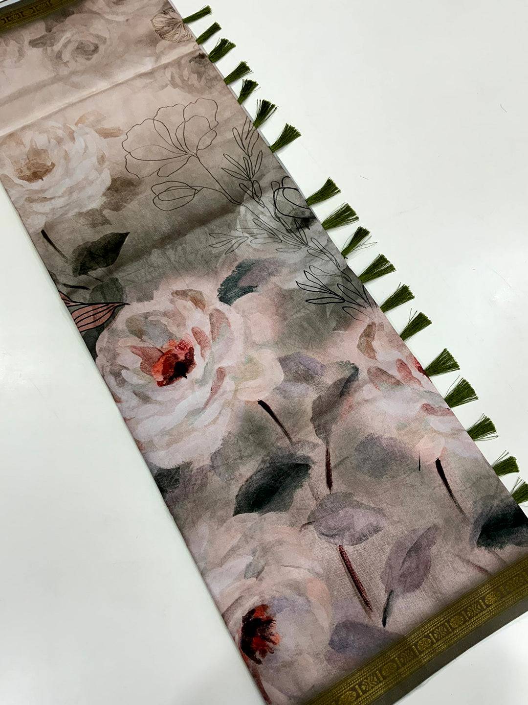 Grey Soft Silk Watercolor Floral Print Saree by My Store