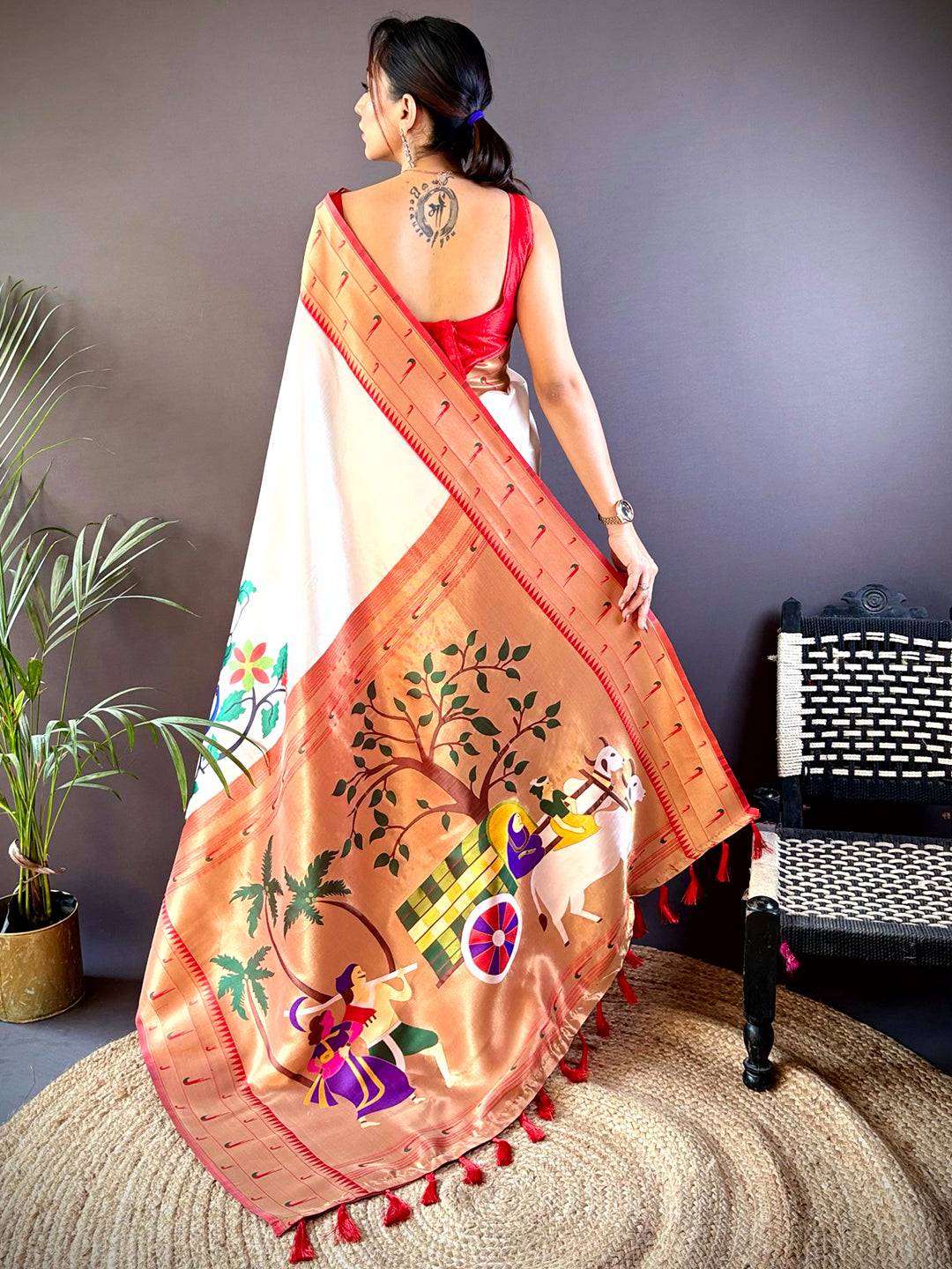 Off White Minakari Soft Silk Saree by My Store