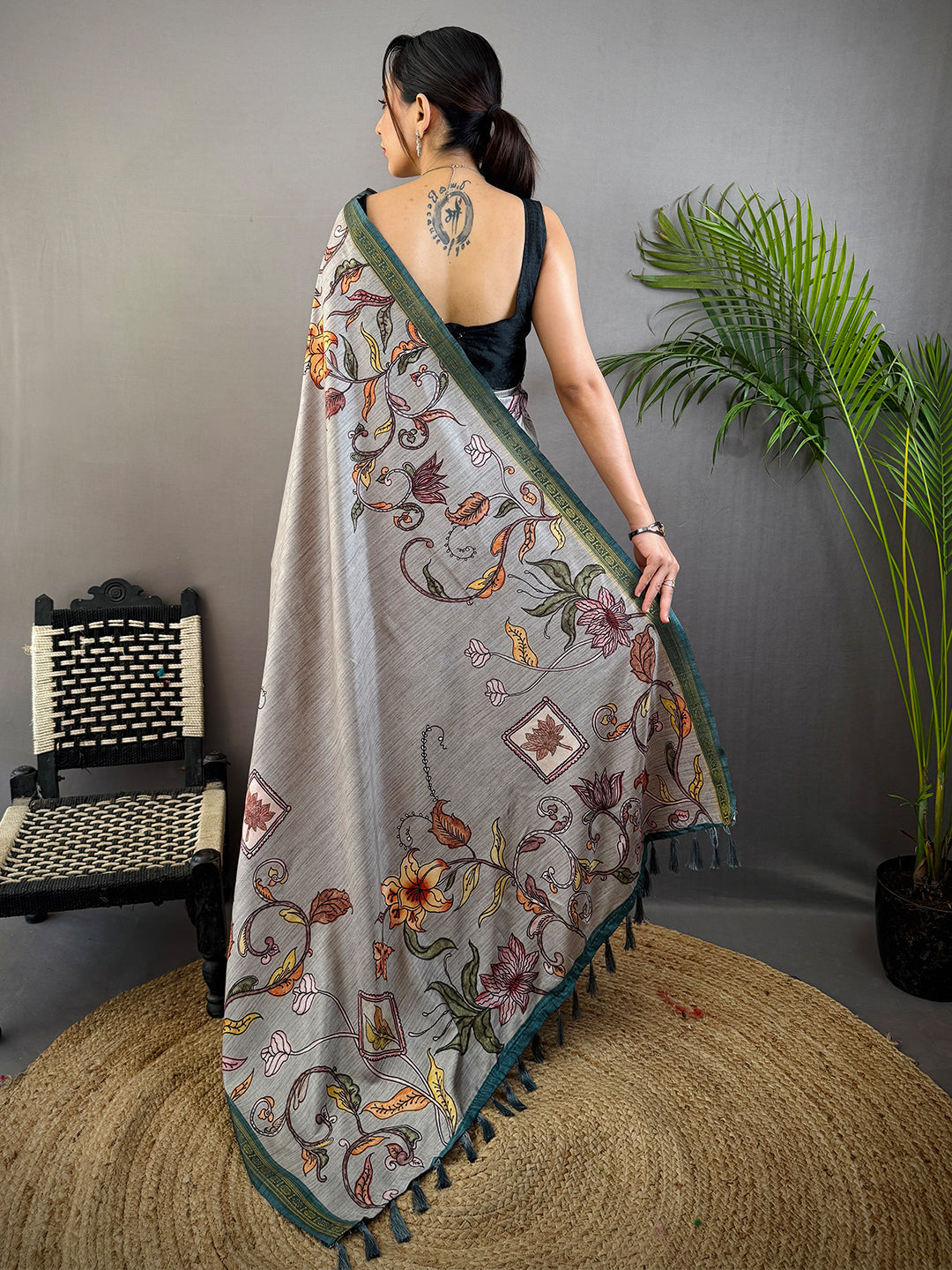 Grey Soft Silk Floral Print Saree by My Store