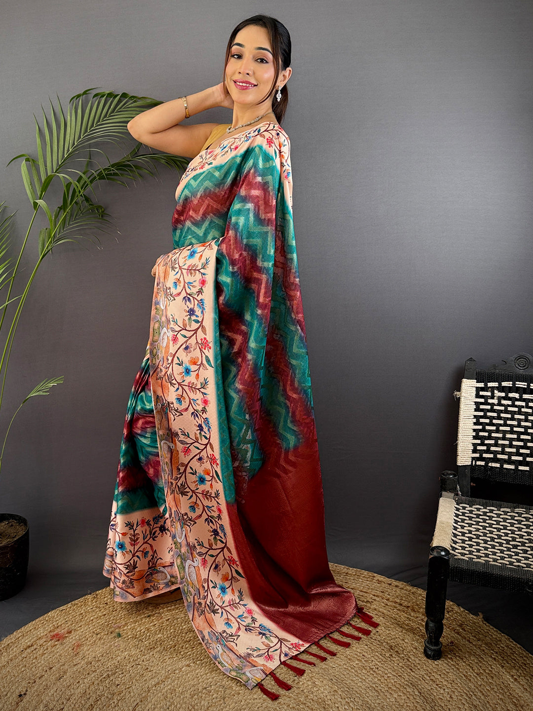 Teal Madhubani Print Soft Silk Saree