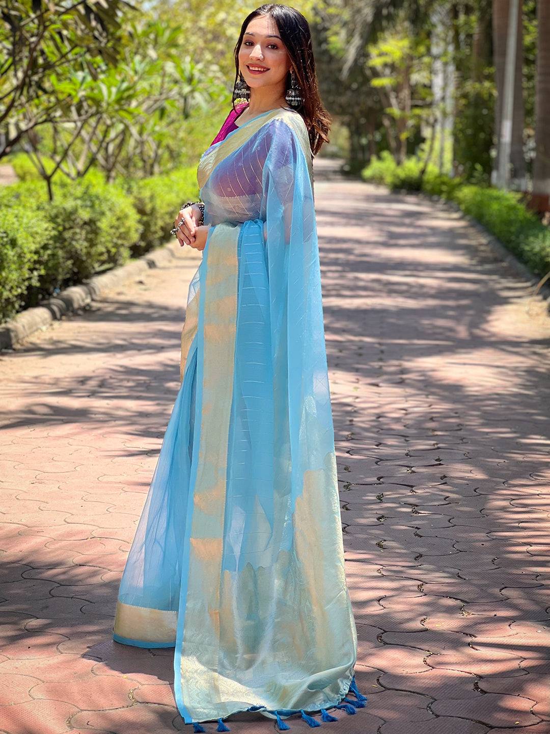 Blue Pure Viscose Organza Saree With Fine Gold Zari Weaving Border