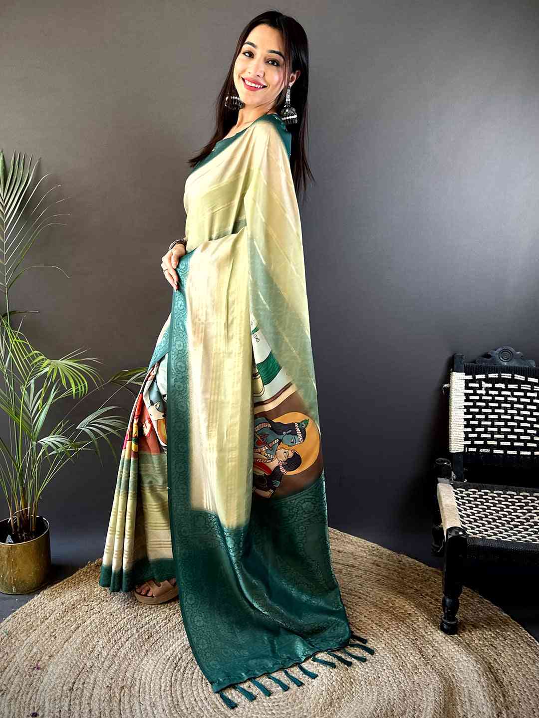 Green Crepe Silk Floral Saree by My Store