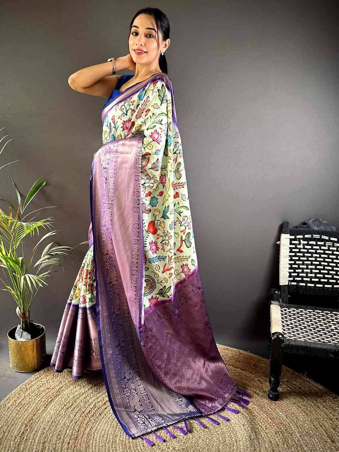 Pista Soft Banarasi Silk Floral Kalamkari Saree by My Store