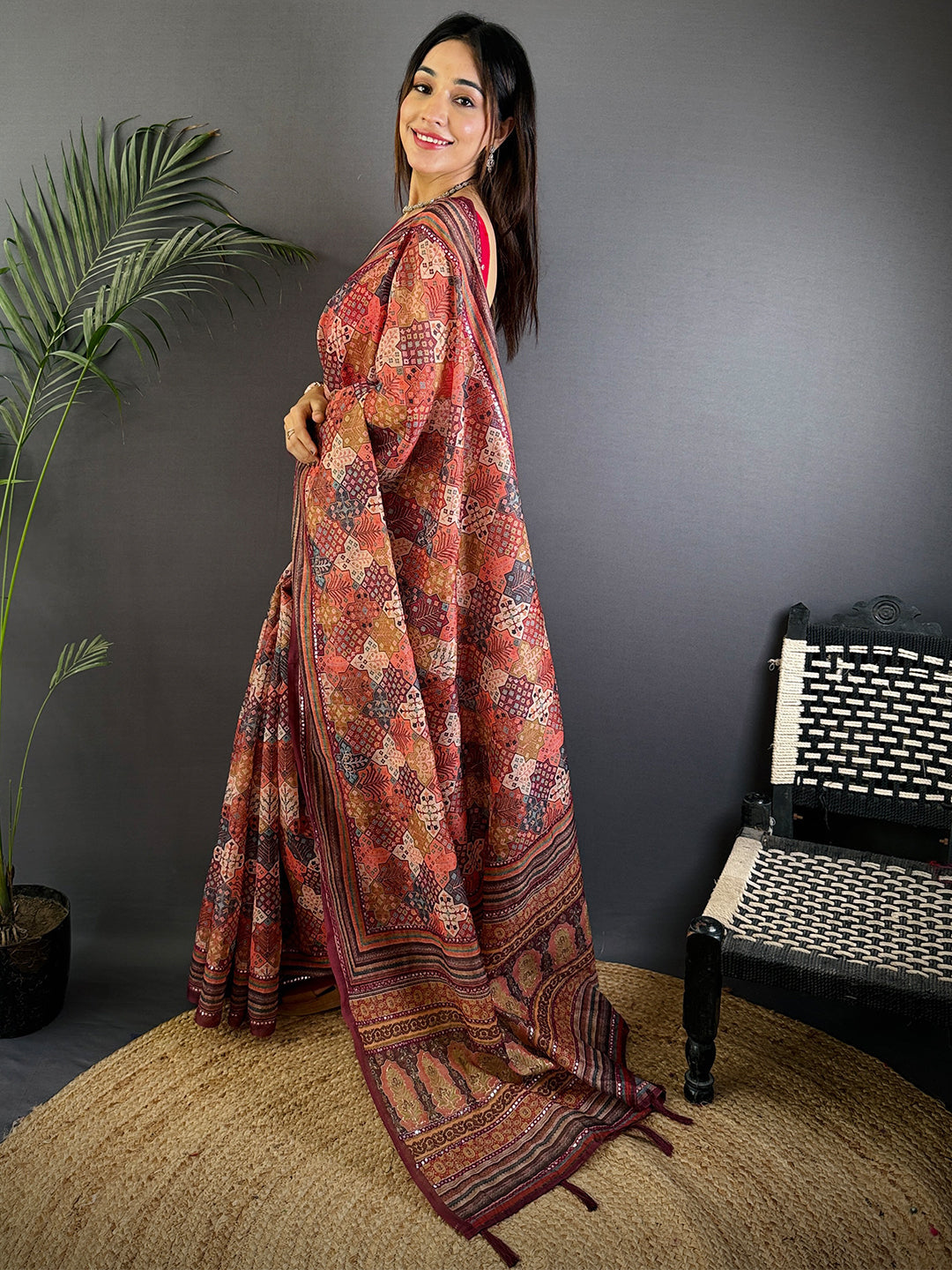 Rust Charm Mirror Work Silk Saree by My Store