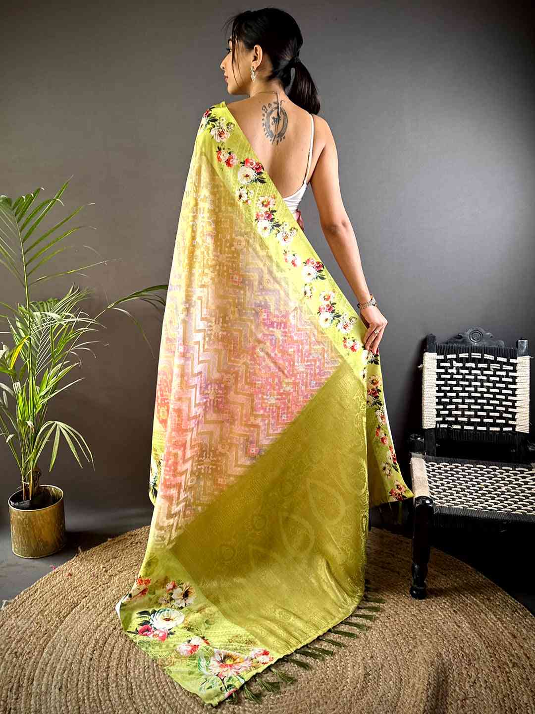Lime Green Zari Zigzag Kota Doriya Saree by My Store