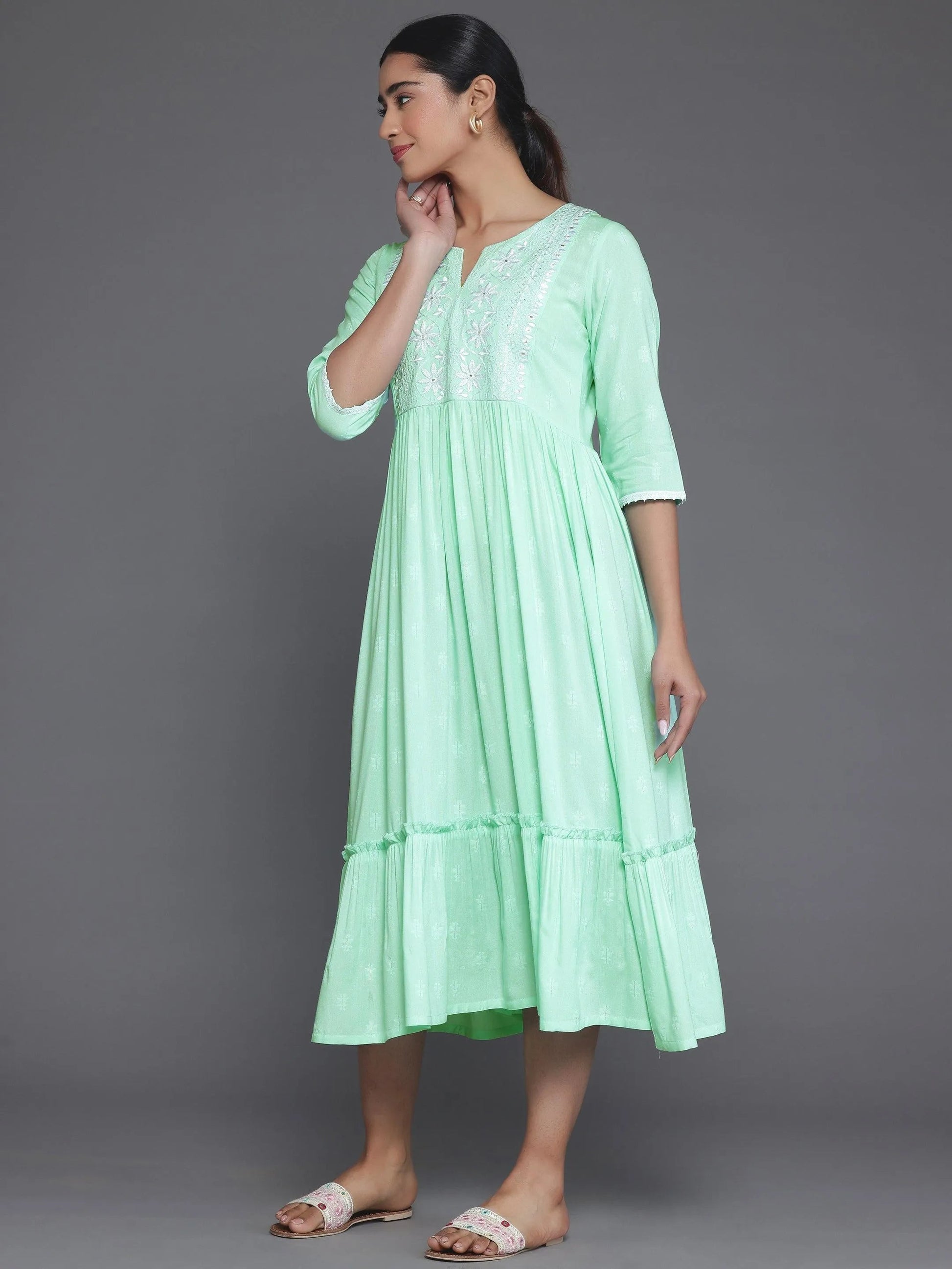 Light Blue Self Design Viscose Rayon A-Line Dress by My Store