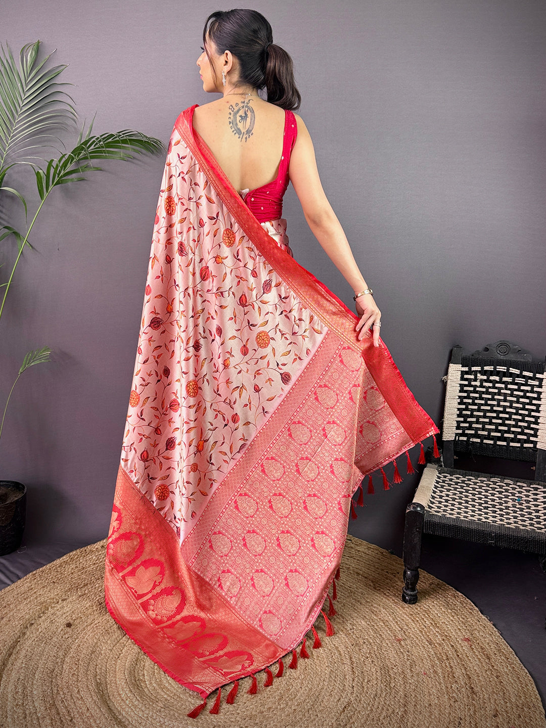 Elegant Soft Cherry Satin Kalamkari Print Saree by My Store