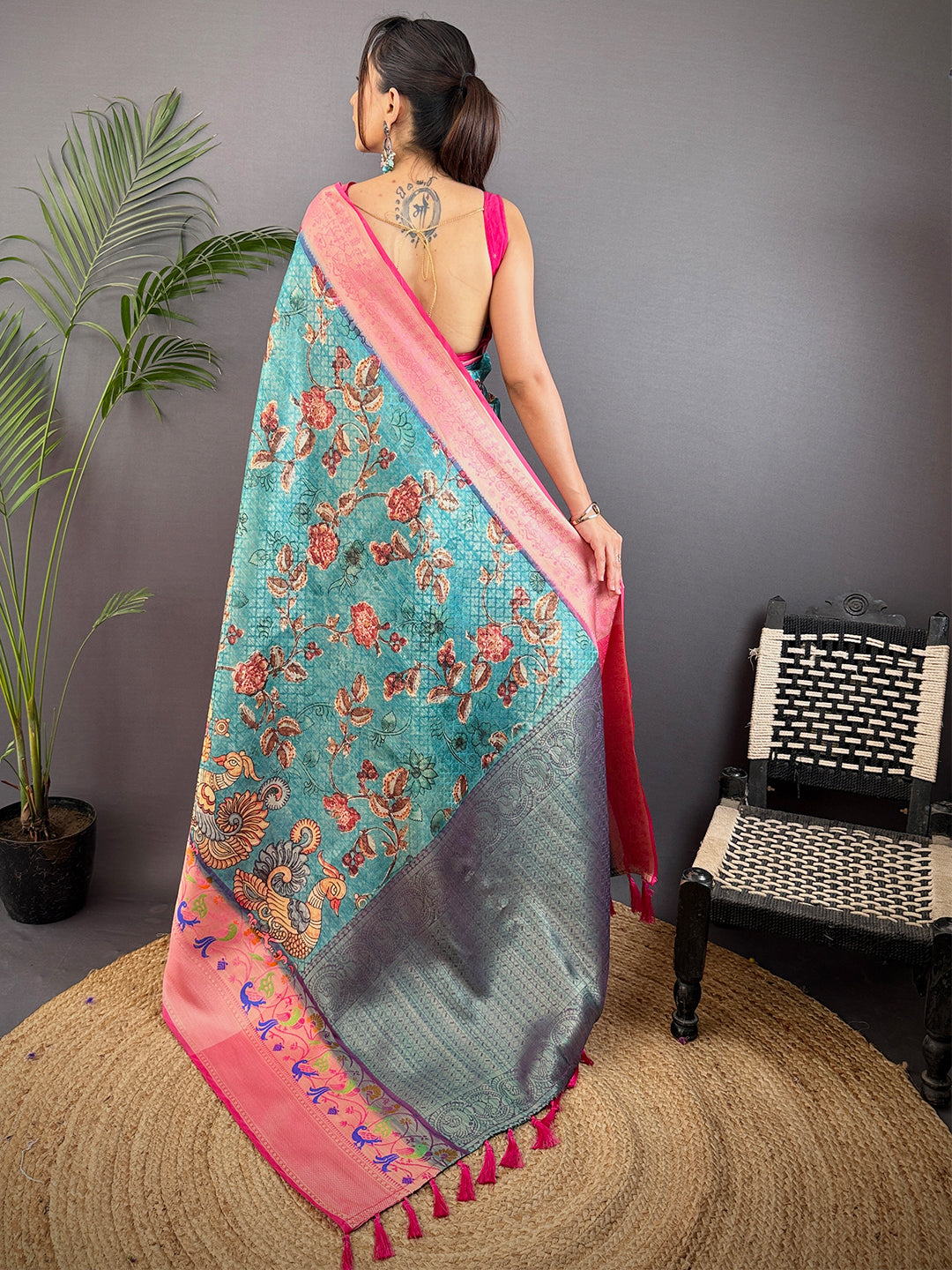 Teal Kora Muslin Kalamkari Floral Print Saree by My Store
