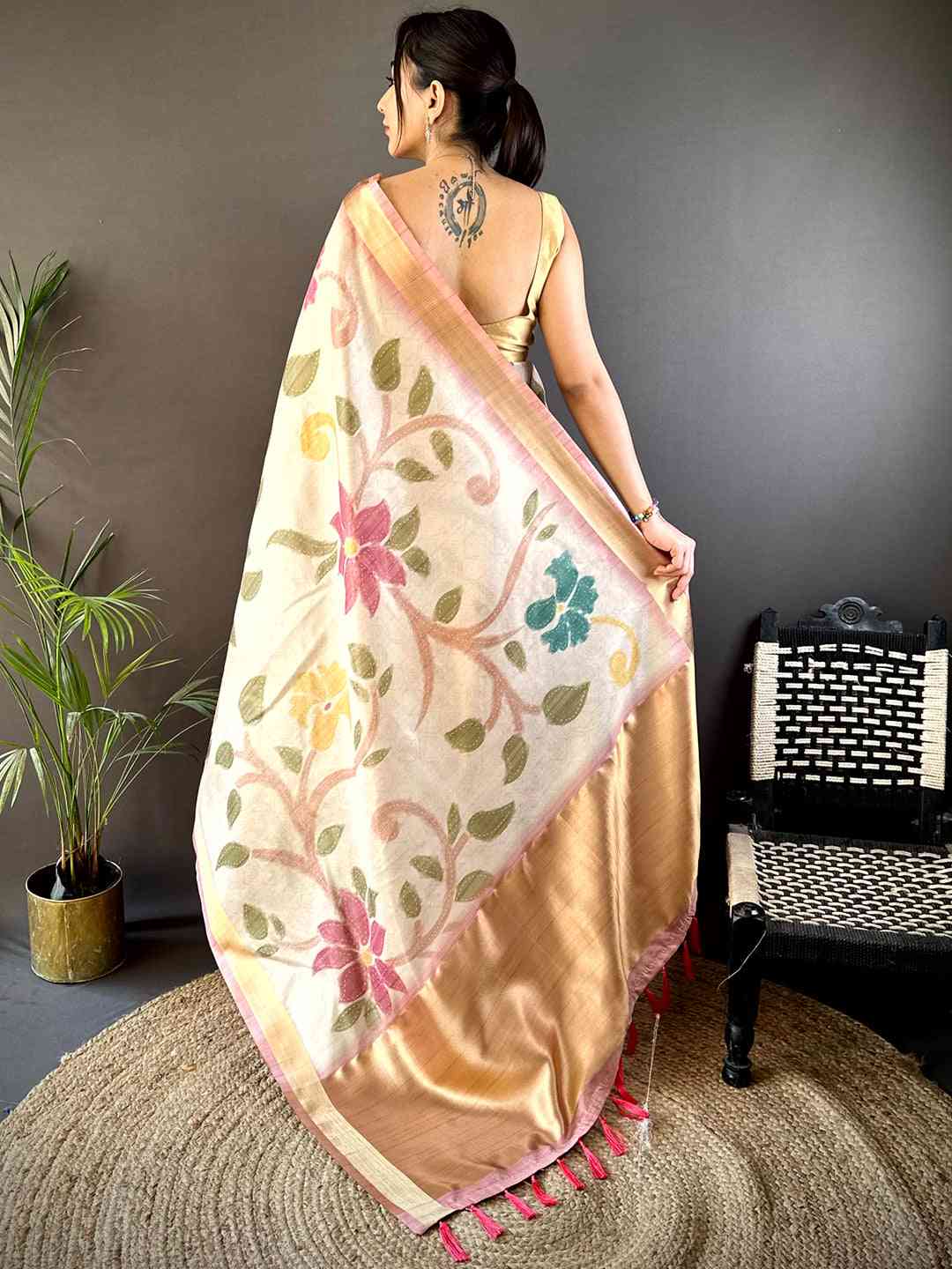 Cream Soft Silk Tissue Floral Print Saree by My Store