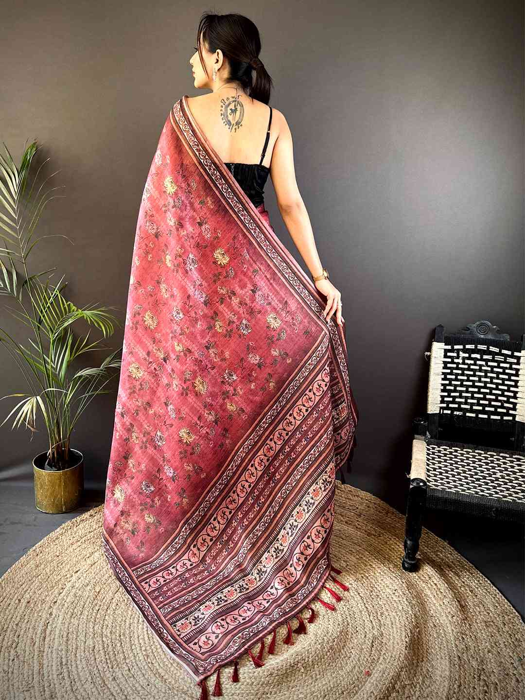 Rose Pink Gold Zari Chanderi Phulkari Saree by My Store