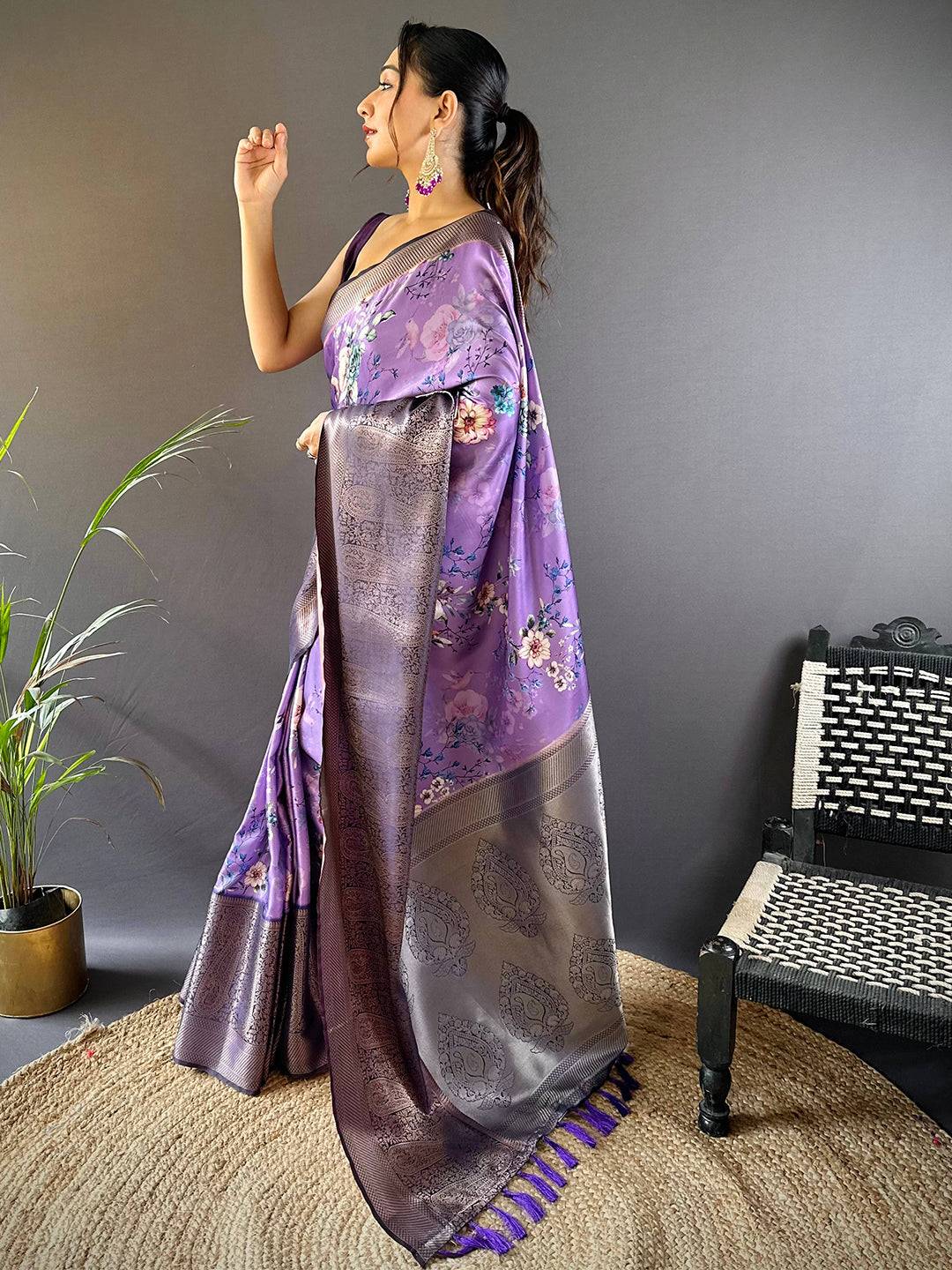 Lilac Purple Satin Silk Floral Print Saree by My Store