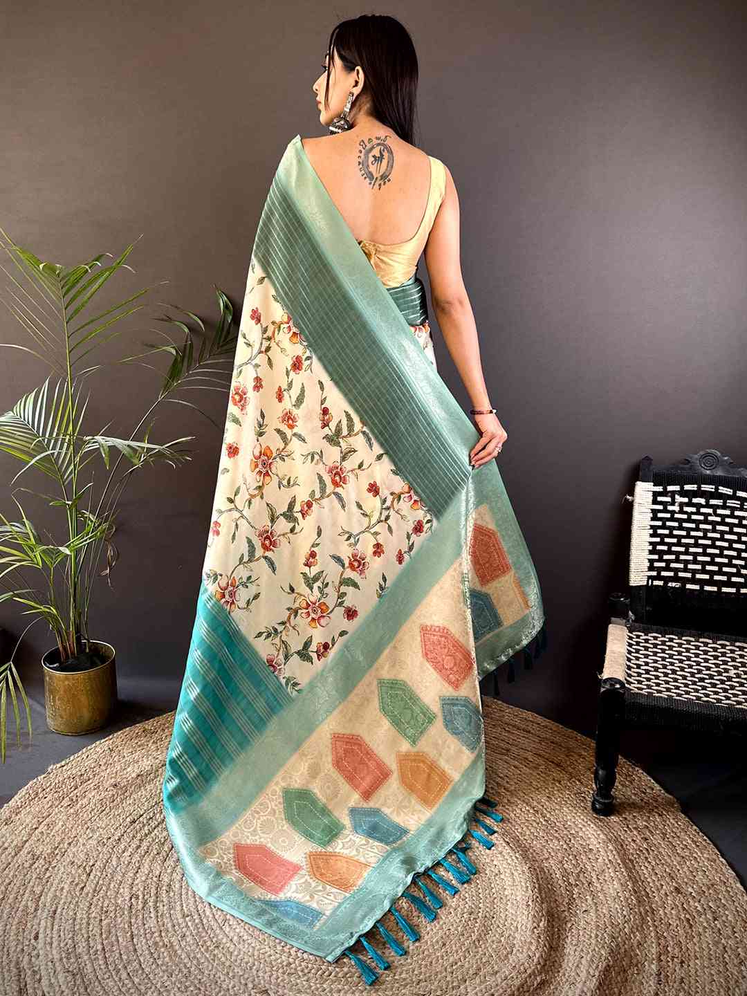 Pastel Teal Soft Crepe Silk Digital Ombre Saree by My Store