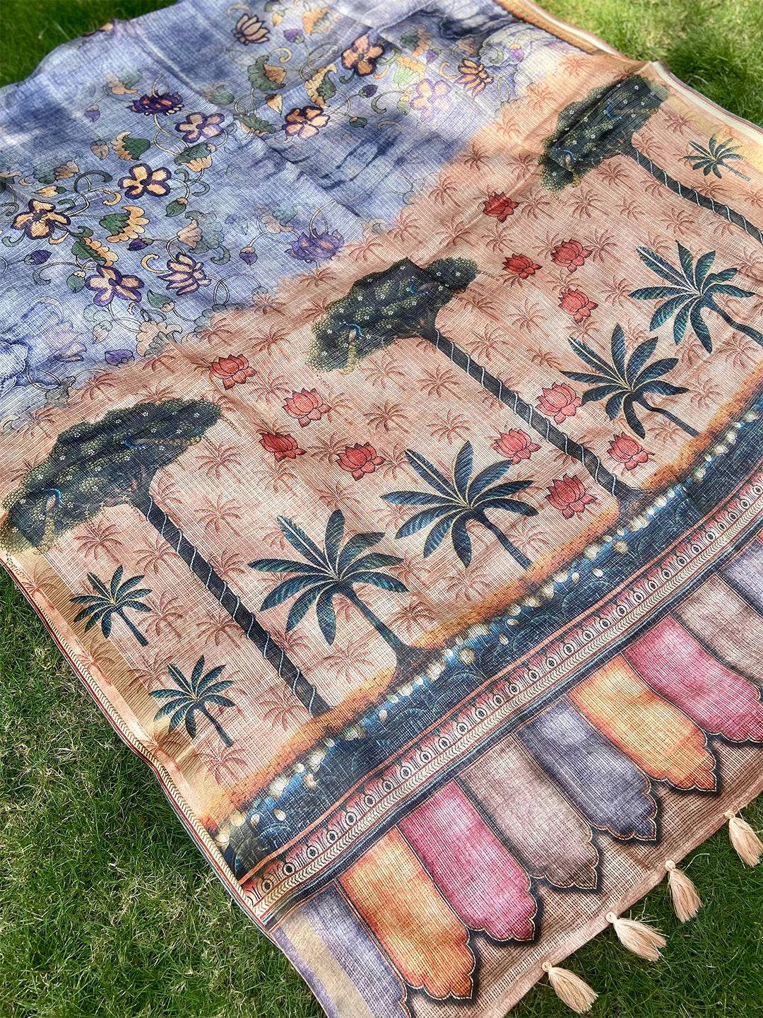 Blue Kota Doriya Silk Saree With Floral Print