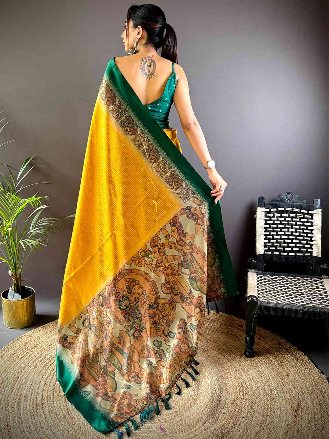 Mustard Soft Silk Kalamkari Pallu Saree by My Store