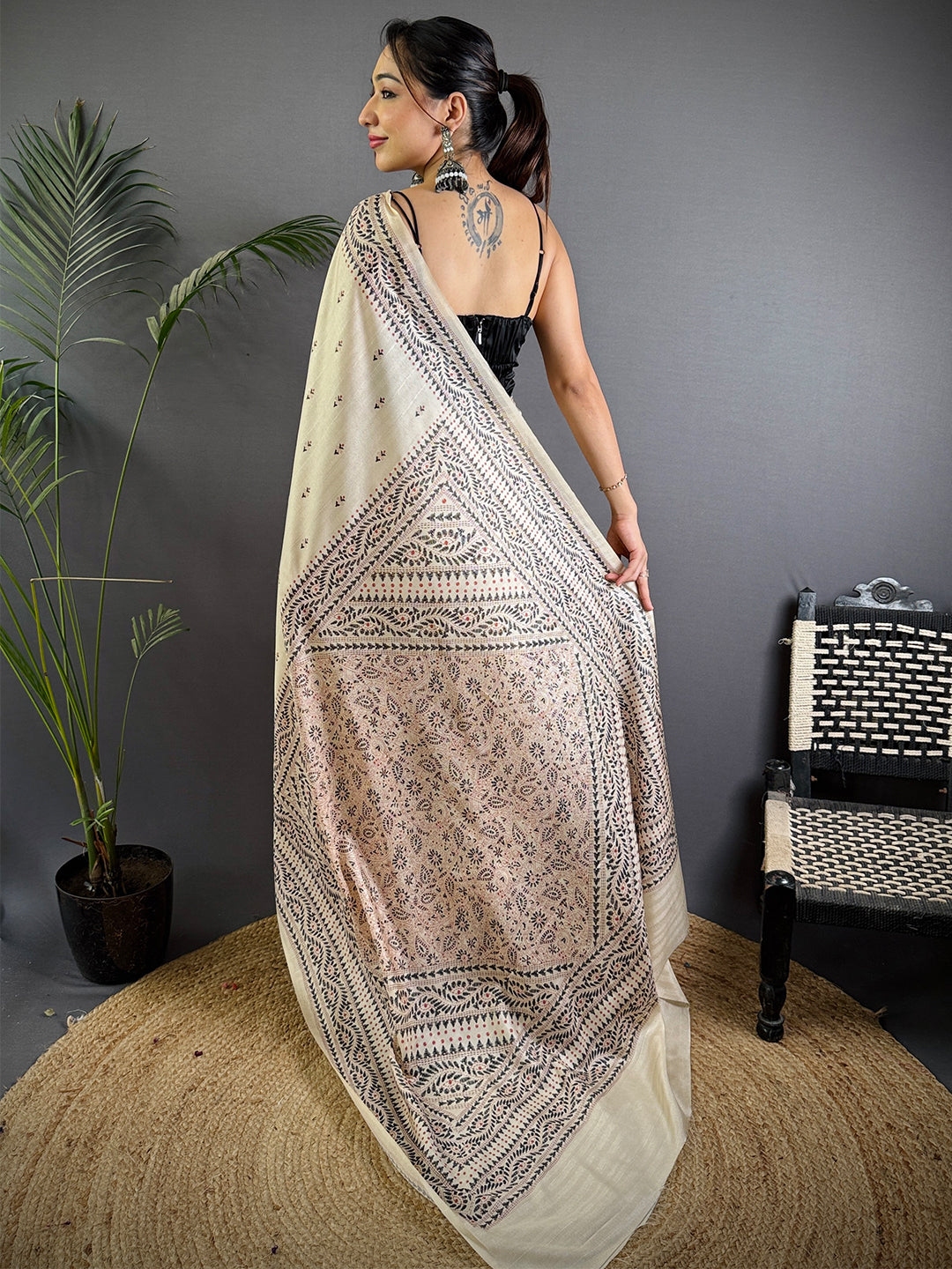 Cream Tussar Silk Madhubani Print Saree by My Store