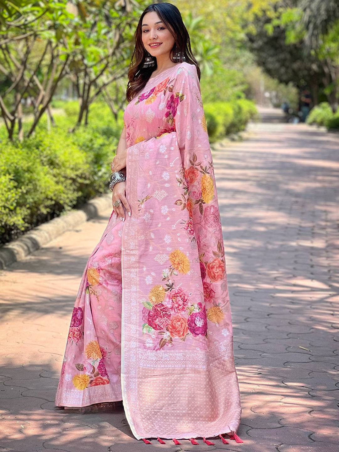Light Pink Lakhnavi Bandla Zari Weaving Saree by My Store