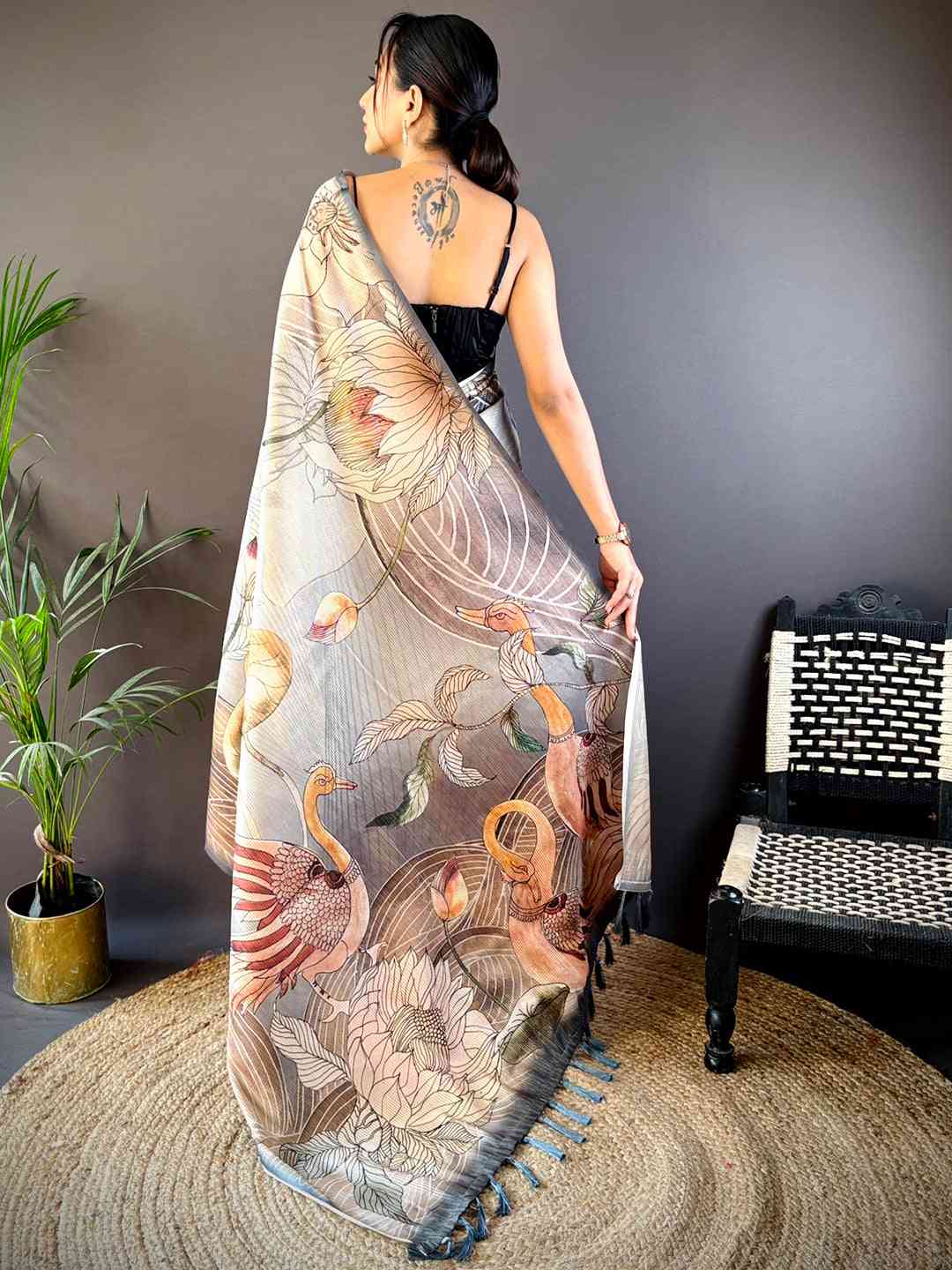 Grey Semi Zari Tussar Botanical Saree by My Store