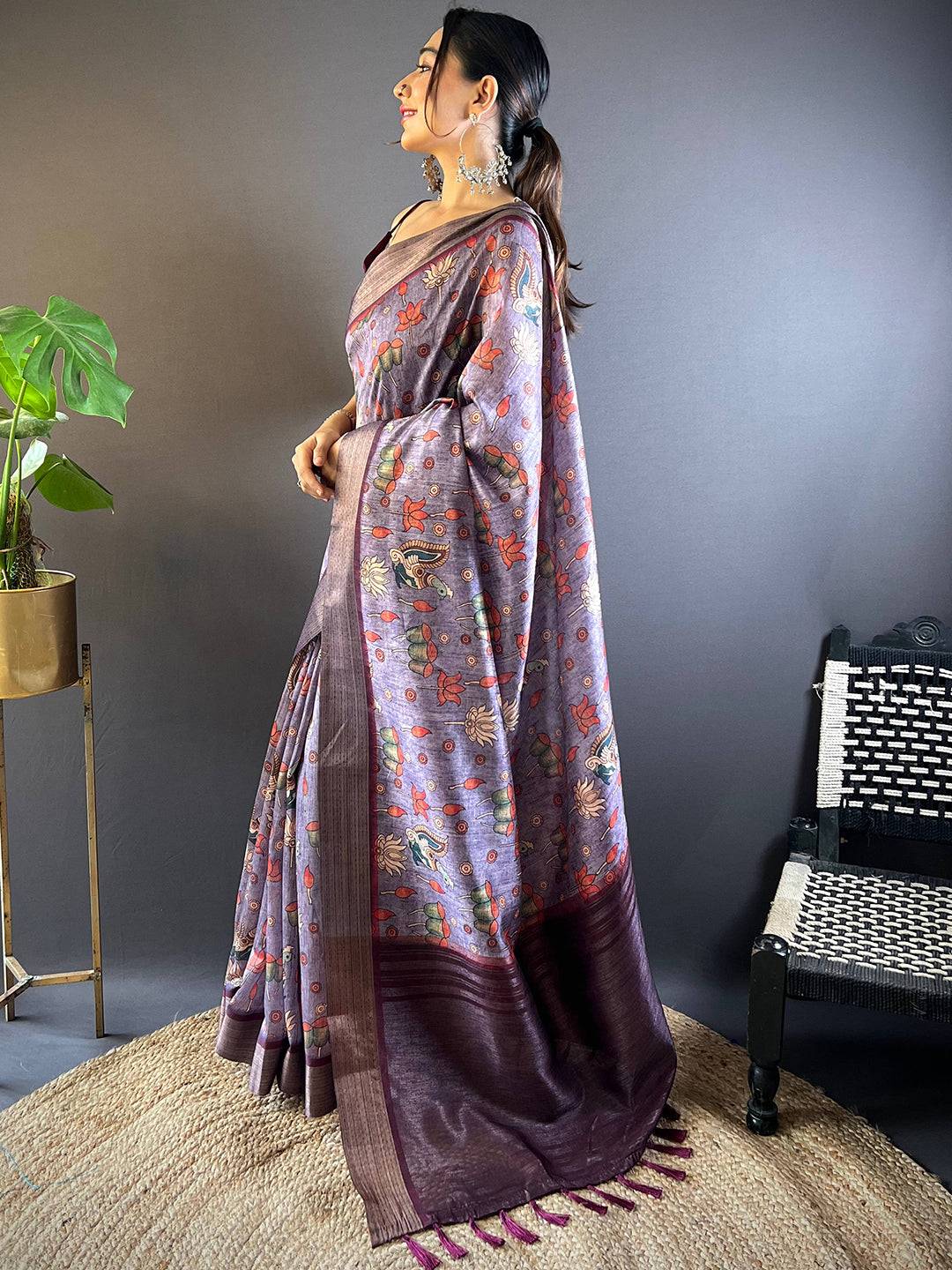 Purple Kalamkari Tussar Silk Saree by My Store
