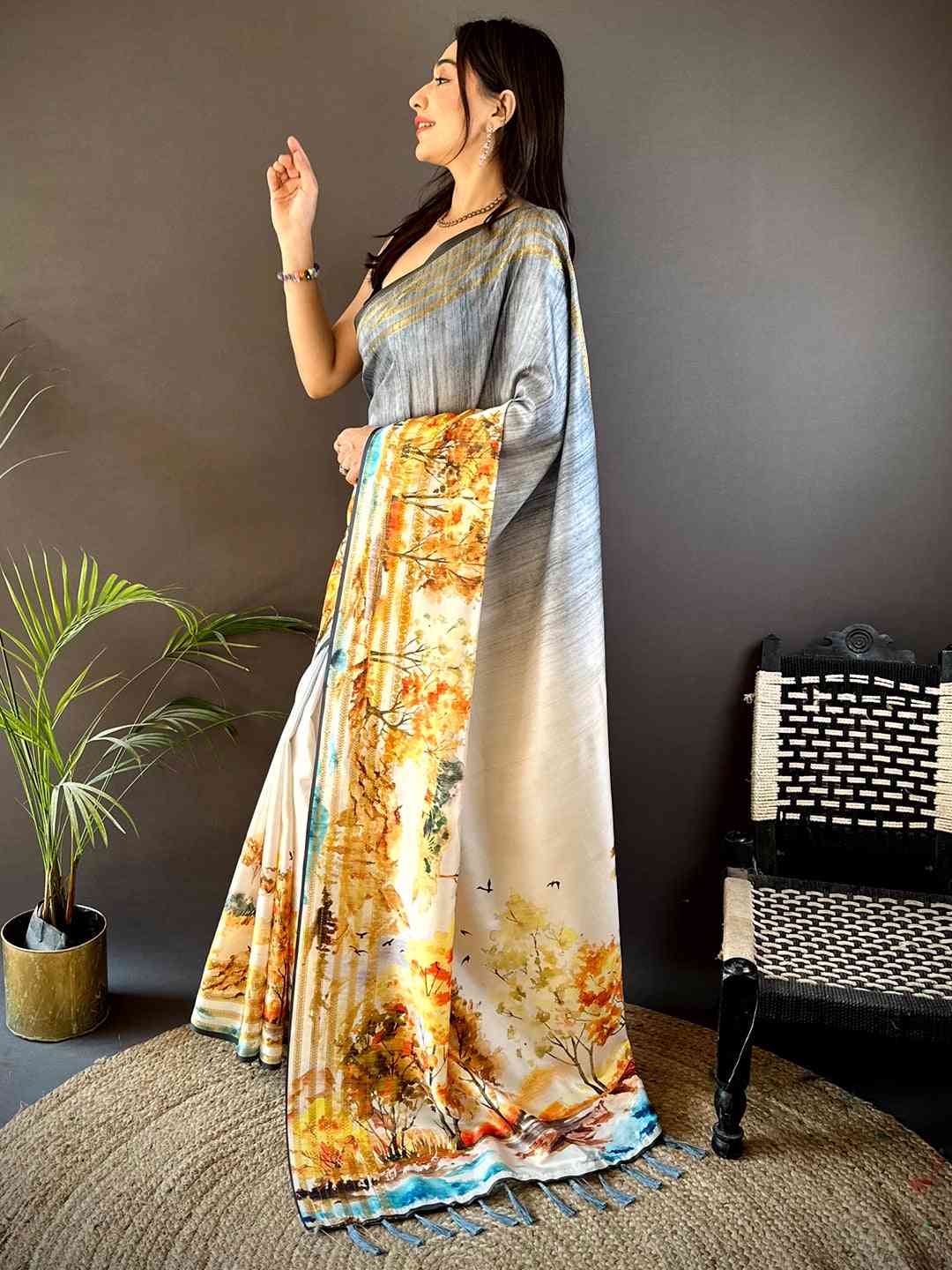 Grey Japanese Freehand Digital Print Saree by My Store