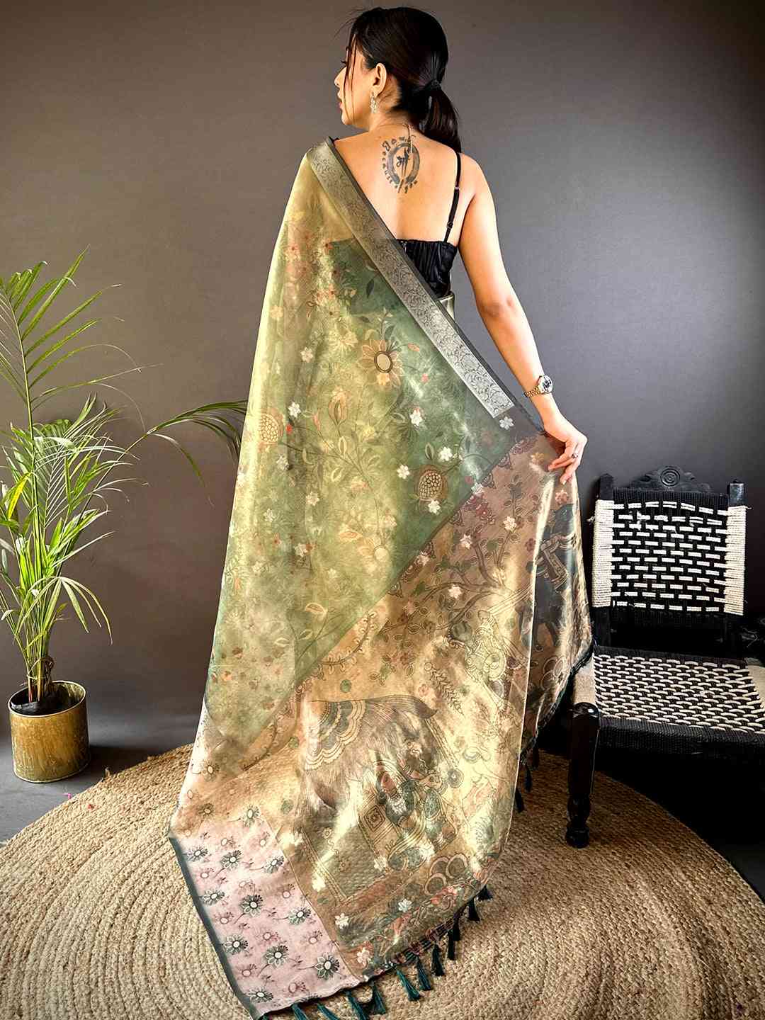 Green Floral Satin Bentex Border Saree by My Store