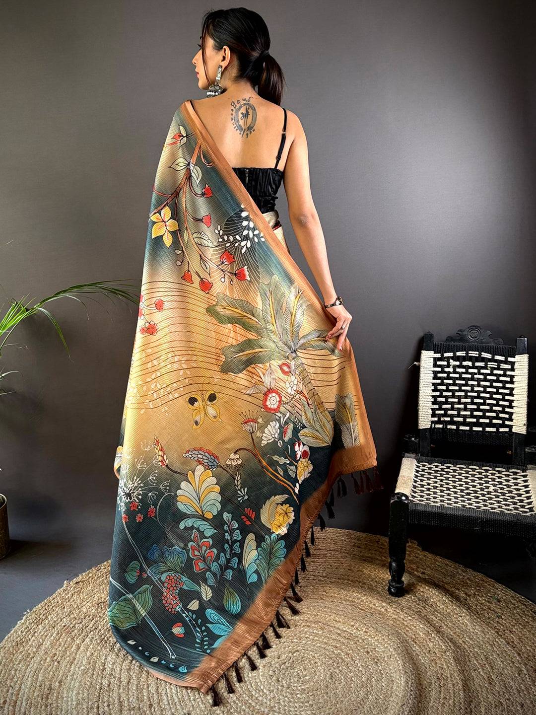 Peach Semi Gold Zari Botanical Tussar Saree by My Store