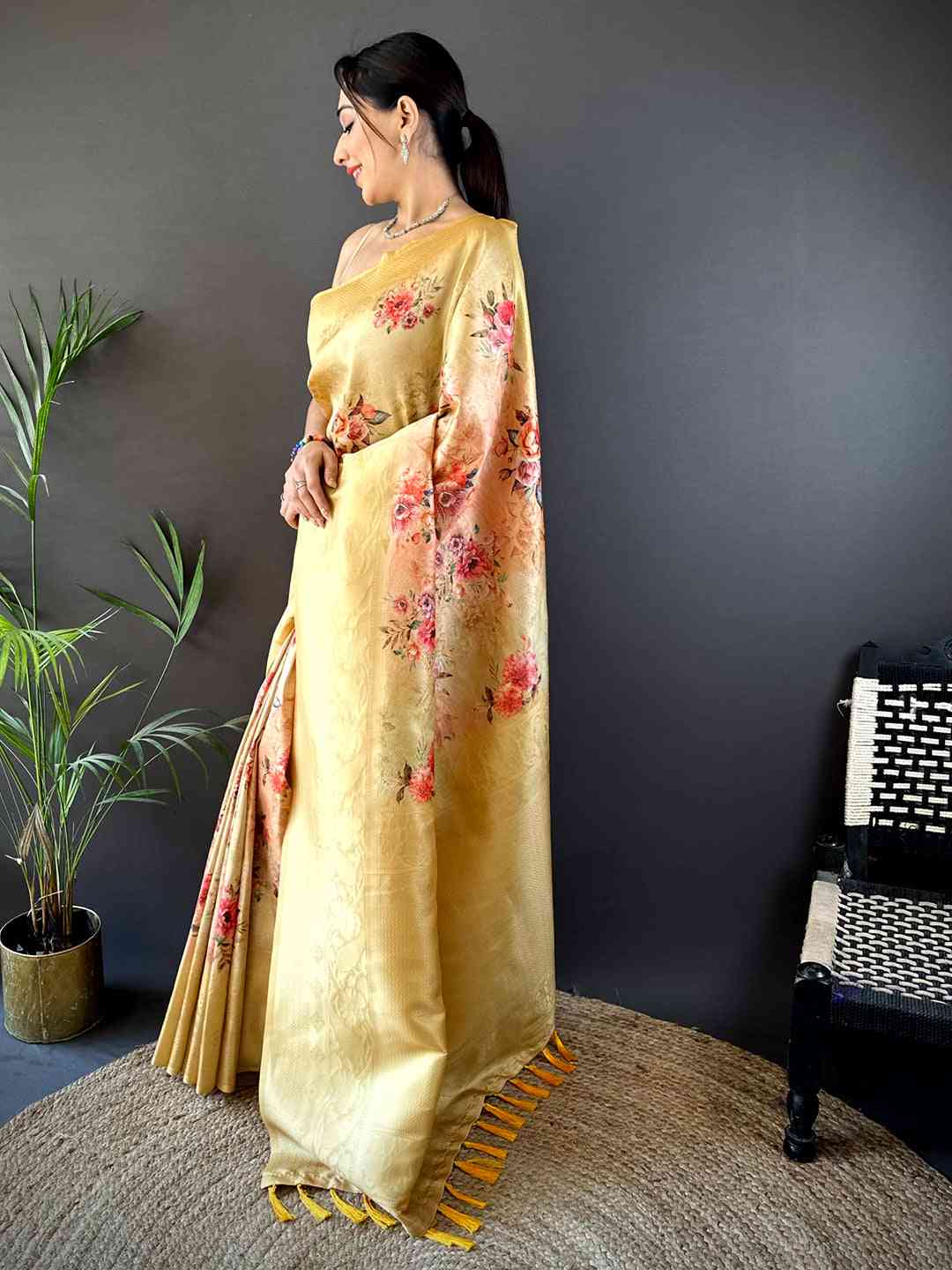 Golden Yellow Kanjivaram Digital Silk Saree by My Store