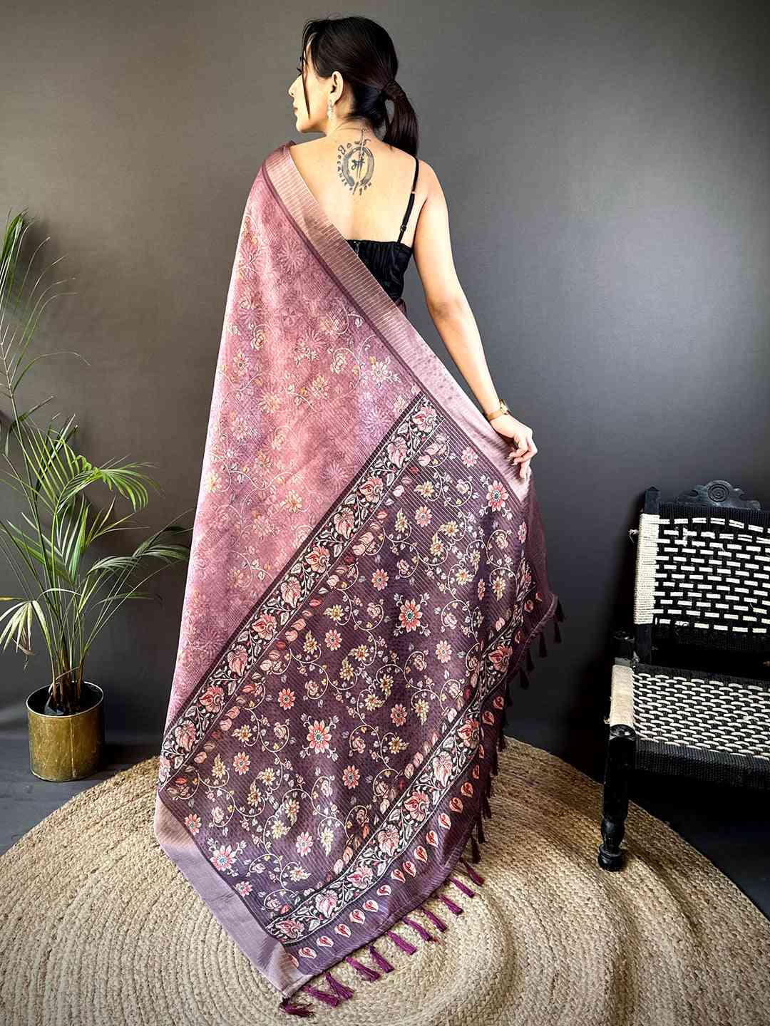 Lavender Gold Zari Chanderi Phulkari Floral Saree