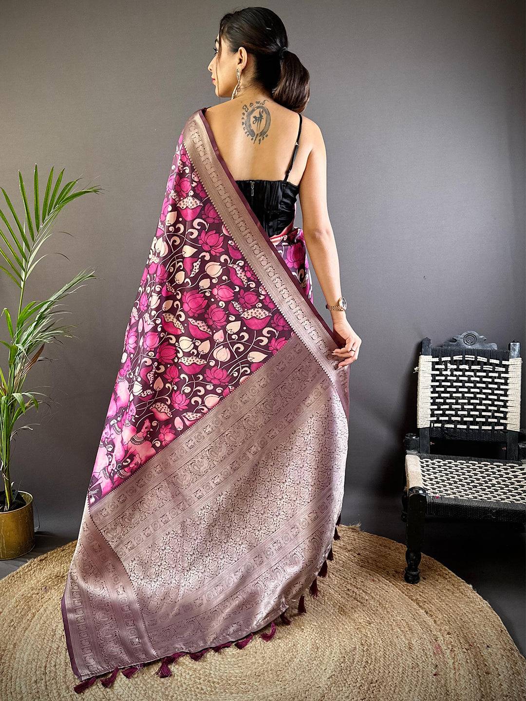 Rose Wine Soft Silk Kalamkari Saree by My Store