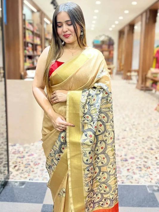 Incredible Pen Kalamkari Linen Tissue Soft Saree by My Store