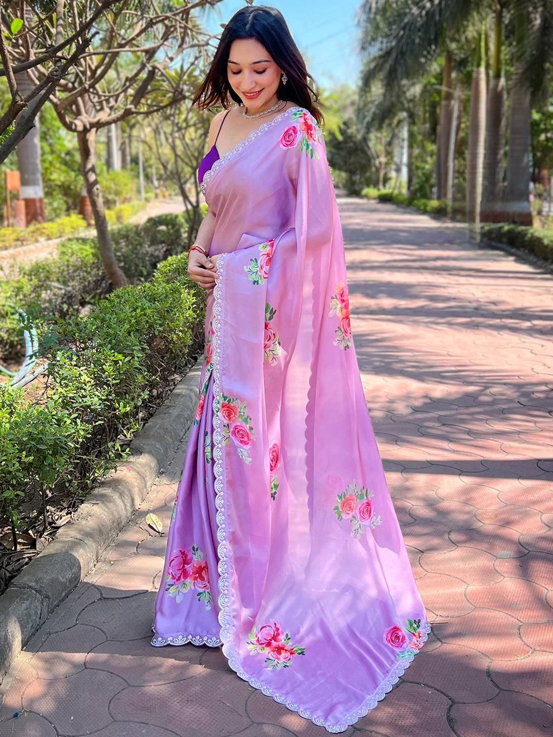 Lavender Satin Georgette Floral Print Saree