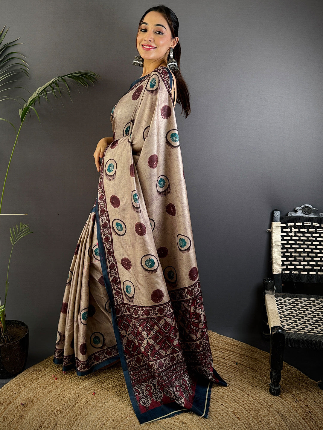 Tan Soft Dola Silk Printed Saree by My Store