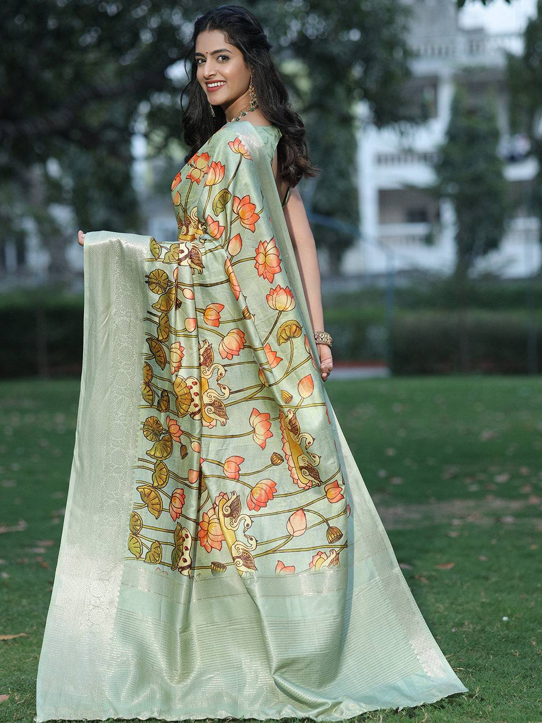 Pista Pure Viscose Dola Silk Saree With Pichwai And Mughal Print - Luxe by My Store