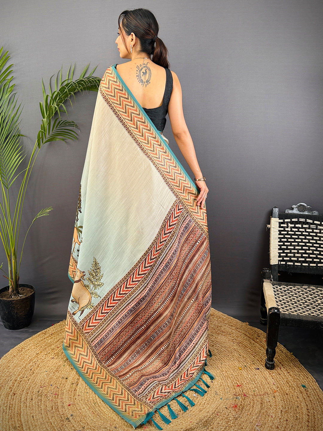 Ivory Linen Block Kalamkari Print Saree by My Store