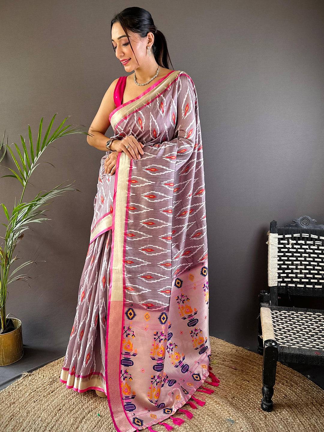 Light Mauve Ikkat Paithani Soft Silk Saree by My Store