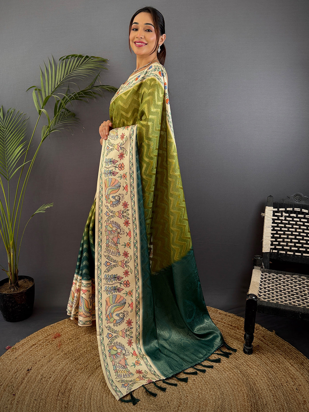 Olive Madhubani Print Soft Silk Saree by My Store