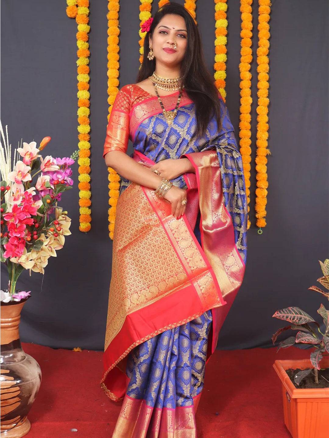 Royal Blue Banarasi Brocade Saree by My Store